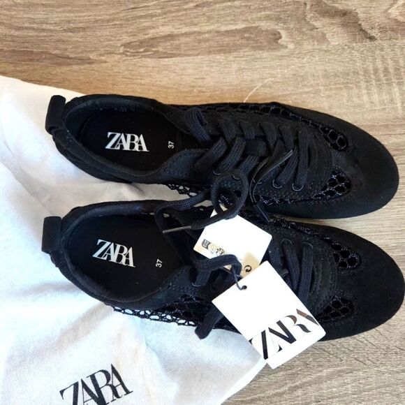 ZARA  WOMEN’S MESH DARBY SHOES BACK PULL TAB. LACE-UP CLOSURE SZ 37 BLACK COLOR - Picture 1 of 5